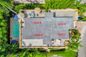 Overhead view of 624 NE 29th Drive with labeled townhome units A, B, C, and D.
