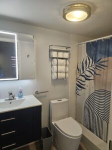 Modern bathroom with shower and vanity studio rental